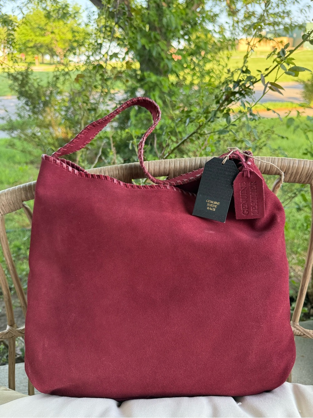 NWT Genuine Leather Burgundy Suede Shoulder Bag Hobo Tote - Picture 13 of 16